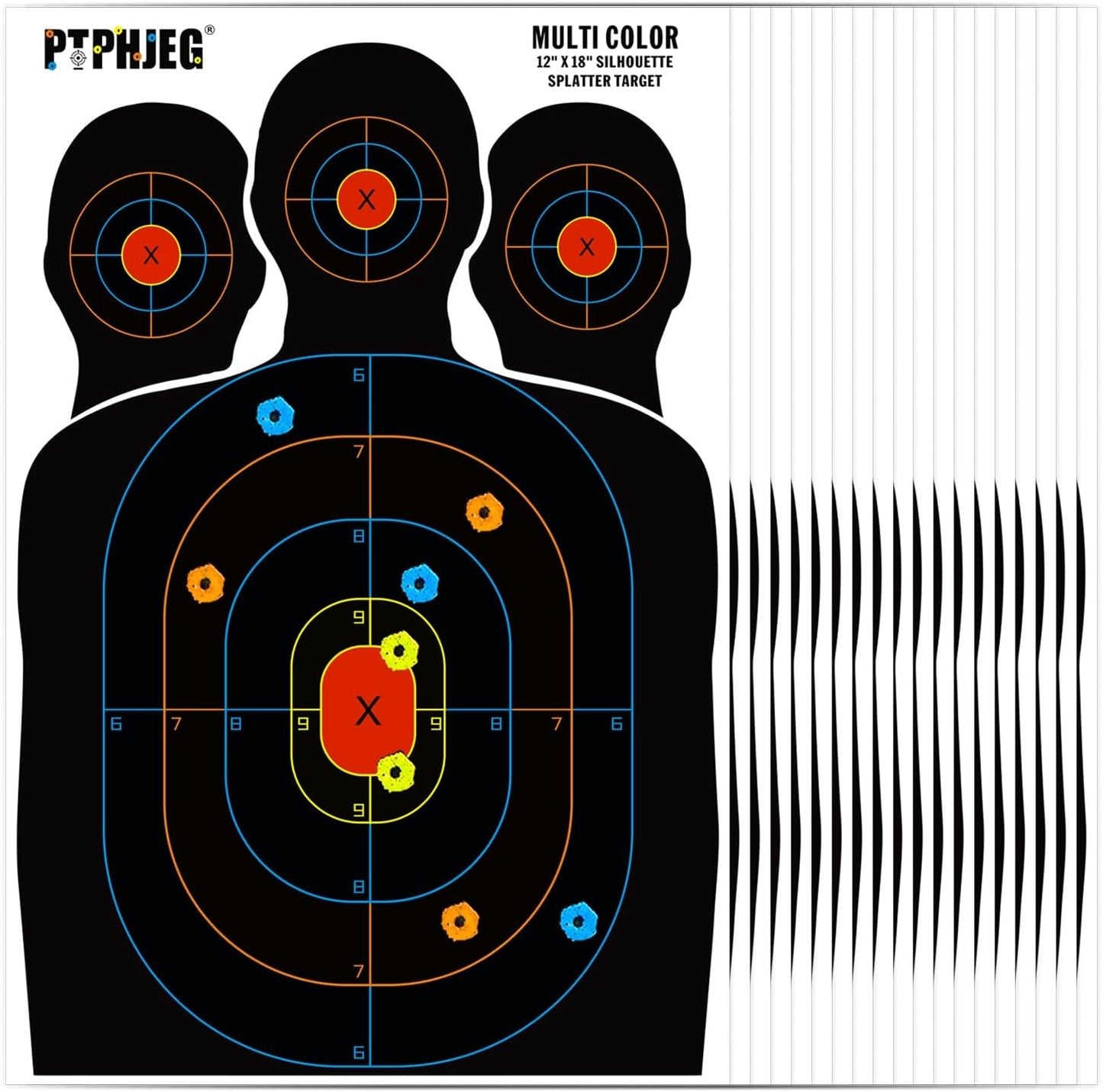 10/25/50 Paper Targets for Packet Ranges, Bulk for Hunting, Silhouette with Red Bullseye, Three Target Points (12x18 inches)
