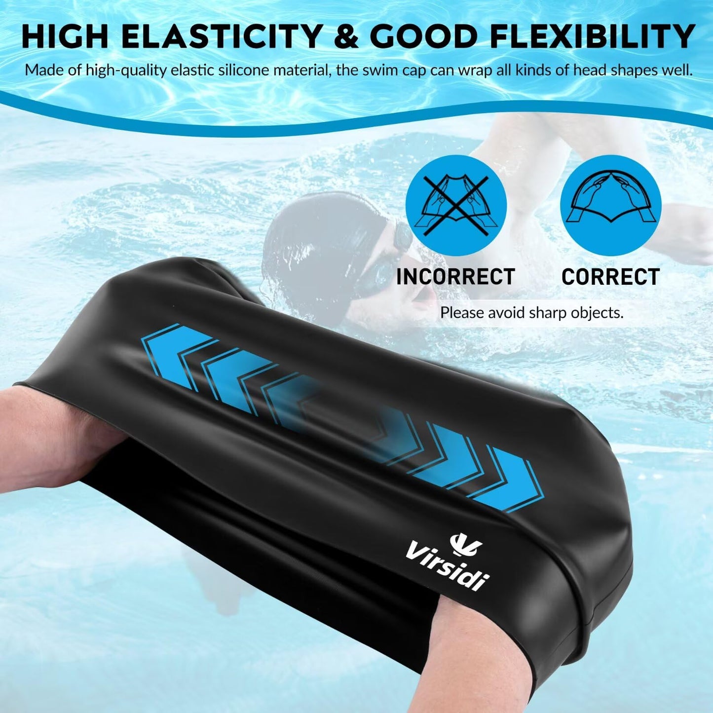 2 Pack Large Swim Caps for Long Hair, Silicone Swimming Cap for Adult Women Men, Waterproof Swim Hats Bathing Caps to Keep Hair Dry with Bonus Nose Clip and Earplugs-01
