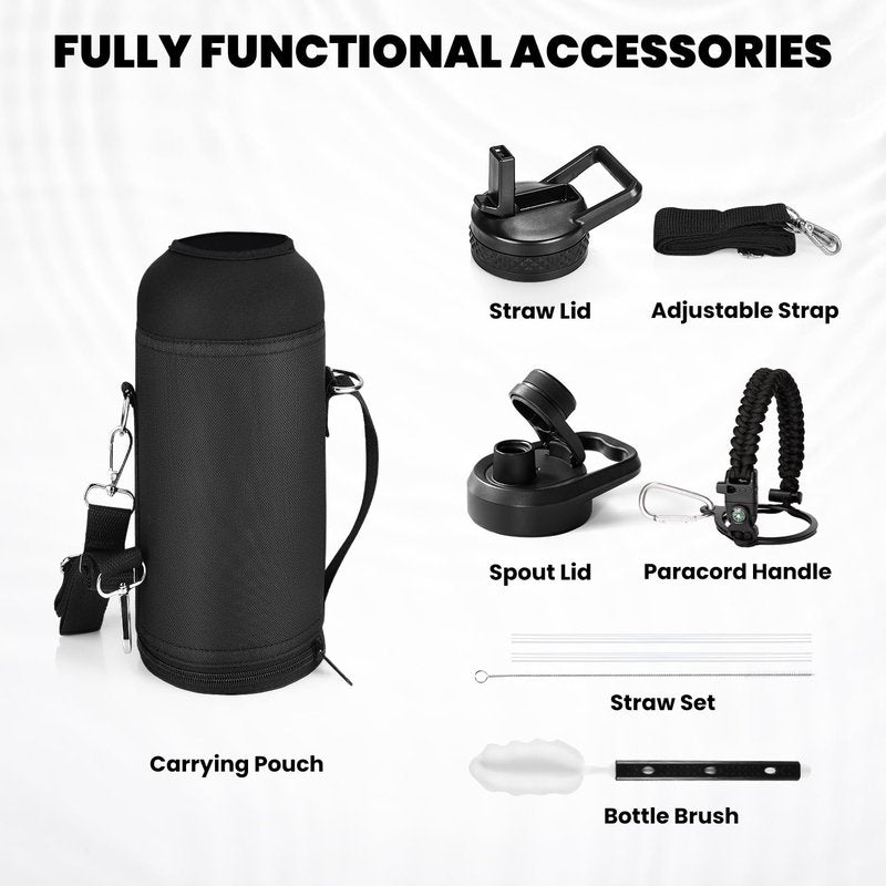 RAYMYLO Insulated Water Bottle 40 oz, Triple Wall Vacuum Stainless Steel (Cold for 36Hrs, Hot for 18Hrs), Leak Proof & Non-BPA, Modern Water Flask Jug with Paracord Handle & Straw Spout Lids
