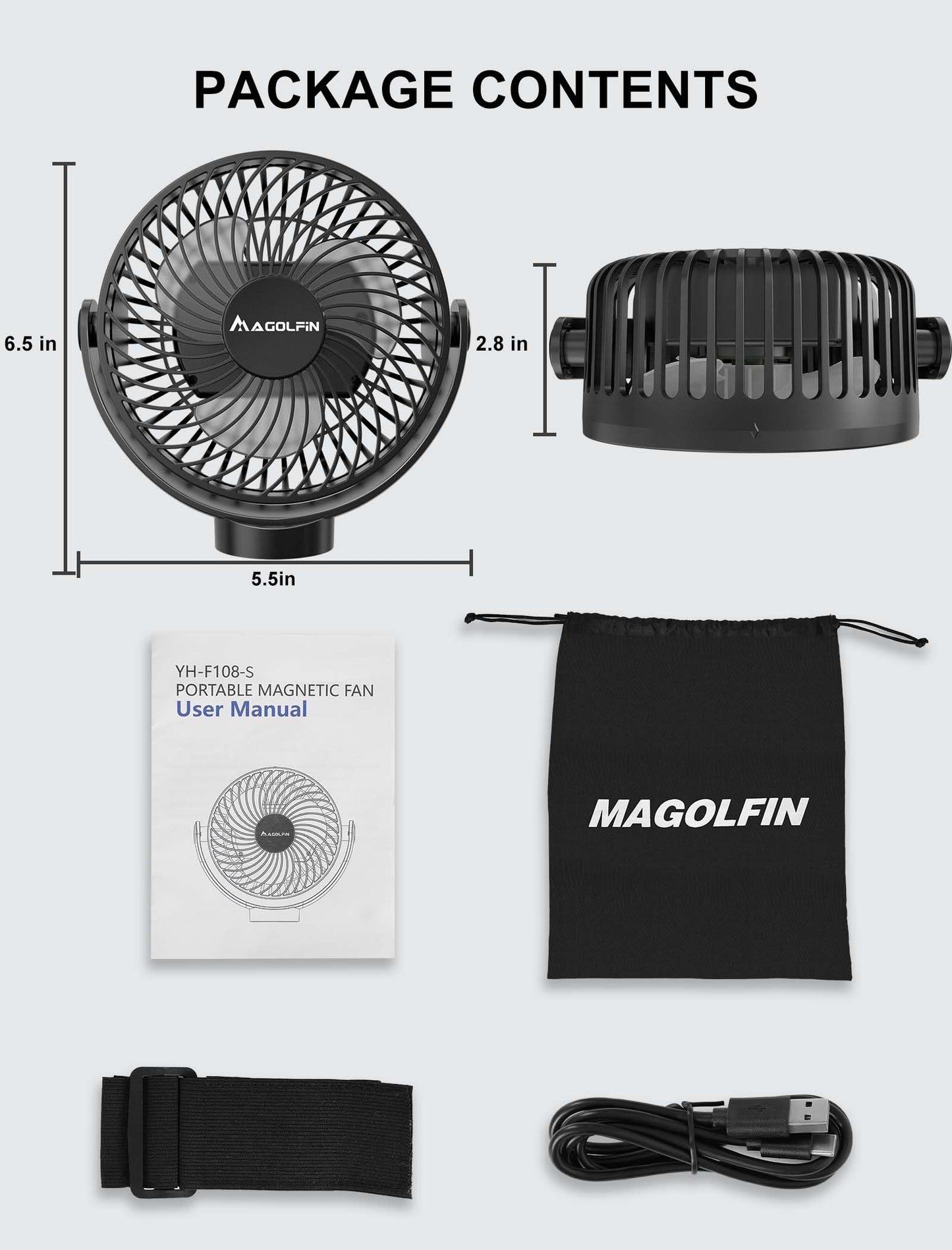 2-Pack Magnetic Golf Cart Fan Rechargeable, 12000mAH Battery Operated Portable Fan with 3 Speeds, LED Lantern, Magnetic Base, Suitable for EZGO Club Car Yamaha, Golf Cart & Cruise Ship Accessories