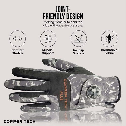Copper Tech Plus Men's Left for Right Handed Golfers Golf Glove – Advanced Compression for Muscle Support, Joint Relief Gloves – Camo, 1 Pack, One Size Fits Most