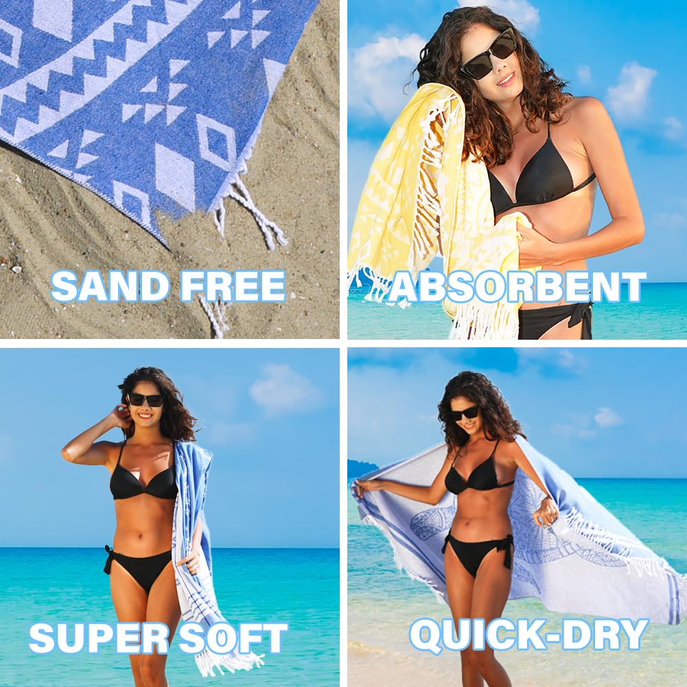 Widdonen Thin Turkish Beach Towel Lightweight Quick Dry Absorbent Cotton Bathroom Bath Pool Swim Towels Extra Large Oversized Sand Free Beach Accessories Essentials Cloud Gifts for Adult
