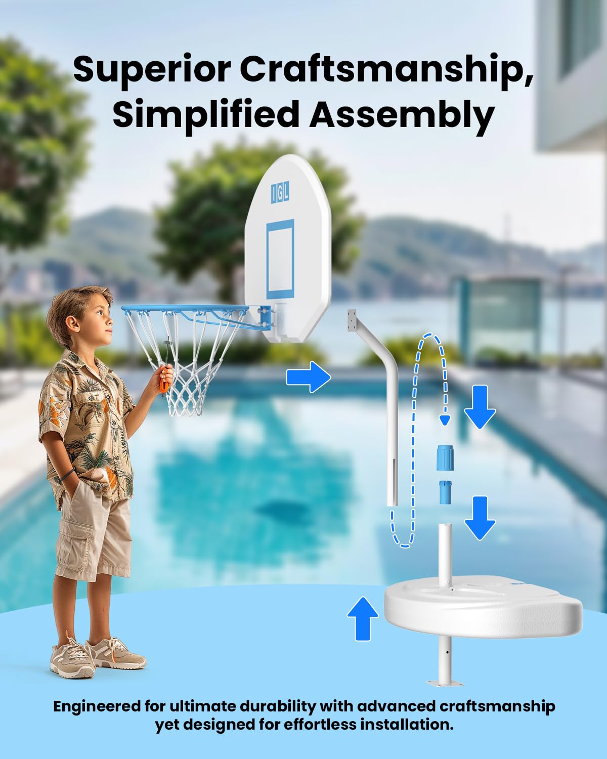 IGL Pool Basketball Hoop Poolside, Height Adjustable Swimming Basketball Hoop Outdoor for Pool, Anti-rust Stainless Steel Rim, Portable Basketball Goal System, Fillable Base, Includes 2 Balls and Pump