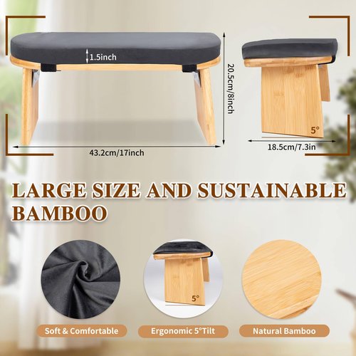 Meditation Bench with Cushion Foldable Ergonomic Bamboo Kneeling Stool Seiza Bench Wooden Meditation Stool Chair Zen Lotus Yoga Stool Floor Sitting Prayer Bench Removable Pillow-Dark Grey