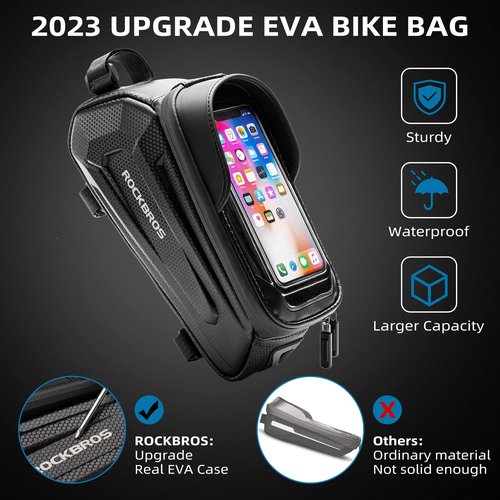ROCKBROS Bike Bag Phone Mount Bag Bicycle Accessories Pouch, EVA Waterproof Bike Phone Holder Top Tube Front Frame Bag Handlebar Bags Compatible Phones Under 6.8”