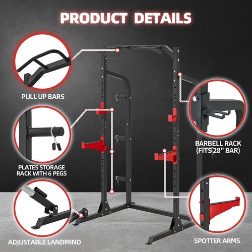 RUNFREELY SR007 2"X2" Squat Half Rack with Multi Grip Pull Up Bar and Plate Storage, 1000LBS Capacity Power Cage for Home Gym Weightlifting and Bench Press