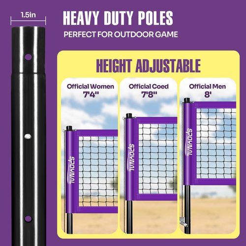 Outdoor Portable Volleyball Net Set with Adjustable Height Steel Poles, Volleyball, Anti-sag Winch System, Pump, Boundary Line, and Carry Bag for Backyard, Beach, Lawn