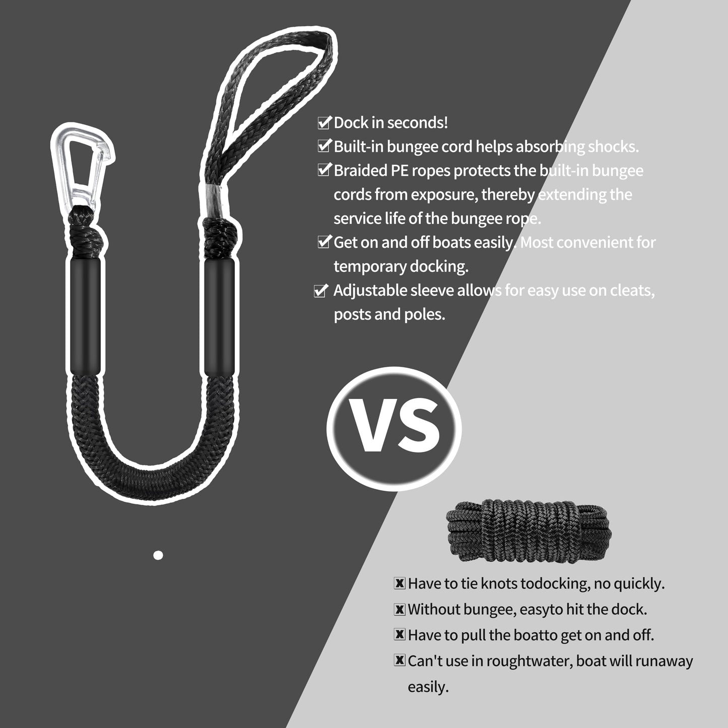 2.5ft Black Bungee Dock Line with Stainless Steel Hook - Heavy-Duty No-Knot Mooring Rope for Jet Ski, Kayak, PWC | Boat Fender Lines to Hang Bumpers (Stretches to 3.5ft), Pack of 2
