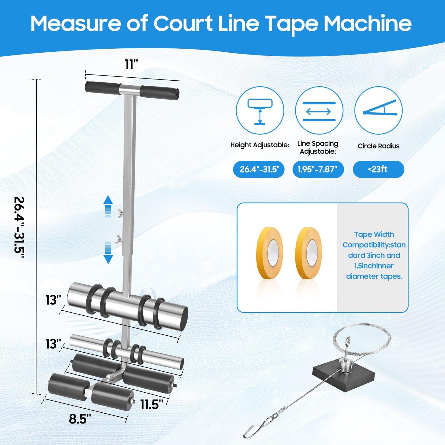 Julymoda Court Line Tape Machine, Hand Pushed Basketball Court Line Striping Machine, Field Line Striping Marking Machine, Floor Paint Tape Applicator for Parking Lots, Driveway, Playground