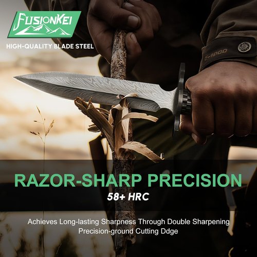 FUSIONKEI Fixed Blade Knife with Leather Sheath, Survival Camping Damascus Feather Knives D2 Steel with Green Pakkawood Handle, Full Tang Bushcraft for Outdoor Use
