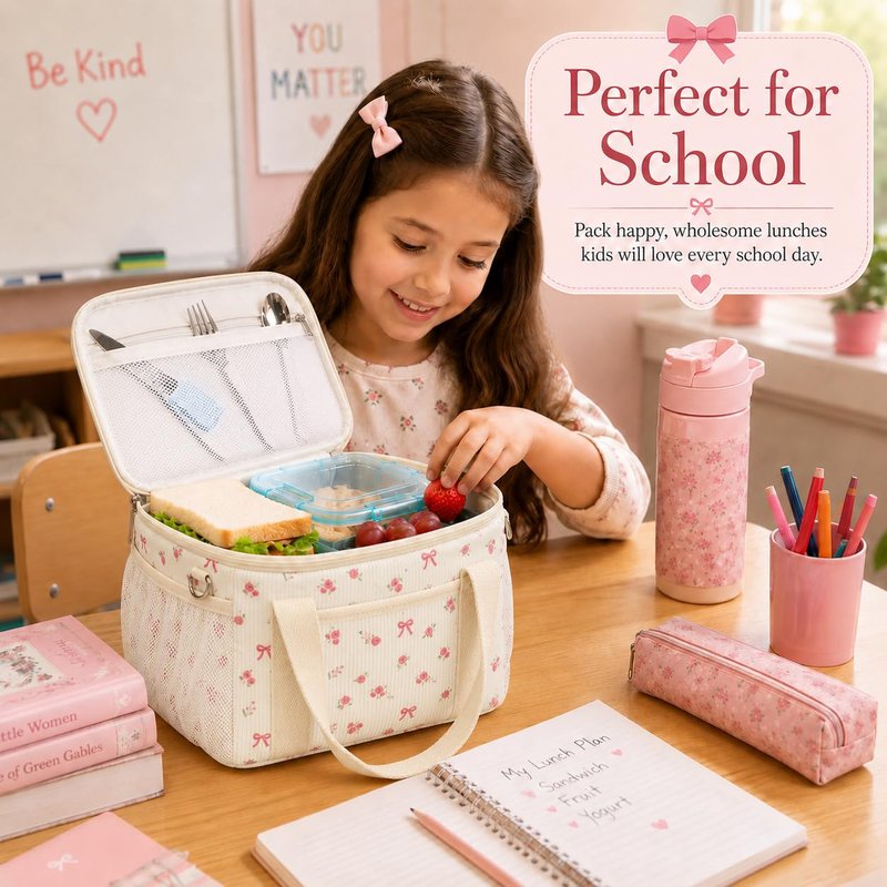 BTOOP Insulated Lunch Box for Women, Cute Leakproof Lunch Tote, Large Capacity Aesthetic Lunch Bag Girls with Shoulder Strap for Work, School, Picnic Pink Bow Floral