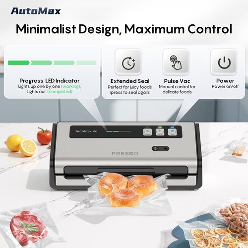 FRESKO Food Vacuum Sealer with Automatic Bag Detection, Double Heat Seal, Built-in Bag Roll Storage & Cutter, 2 Rolls Bags, Starter Kit
