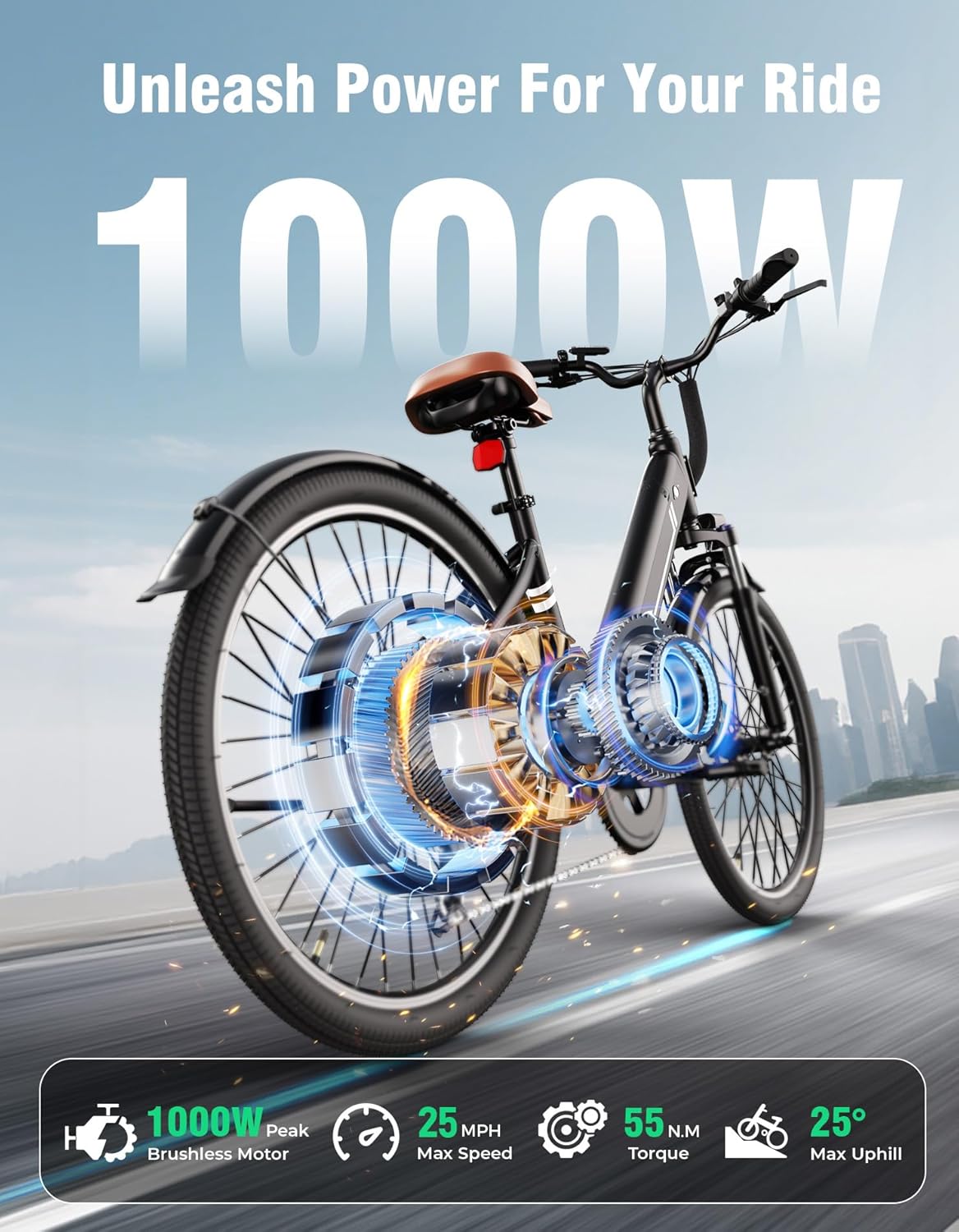 Electric Bike for Adults, 26" Up to 1000W Peak Motor Ebike 45+ Mile Range Brushless City Ebike, 25Mph 7-Speed Commuter E-Bike with Removable 360Wh Battery for Commuting, Outdoor Leisure