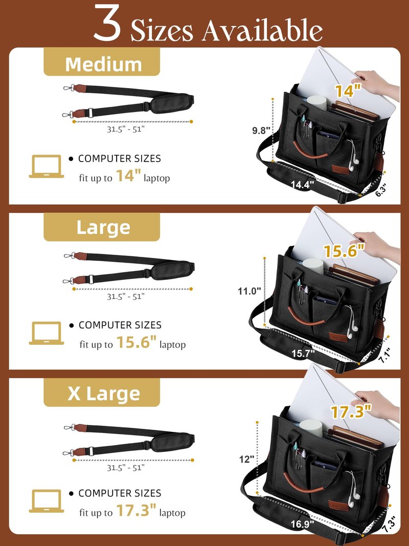 FIORETTO Canvas Tote Bag for Women with Zipper Closure & Individual Compartments for Work College, Crossbody Laptop Tote Purse Handbag with Detachable Strap & Bottom Support for Teacher & Nurse Black
