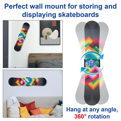 BOXOB Skateboard Deck Wall Mount, 360-Degree Rotating Skateboard Wall Hanger Stand Floating Snowboard Holder Shelf Horizontal Skate Deck Display Rack for Skateboarder Collector