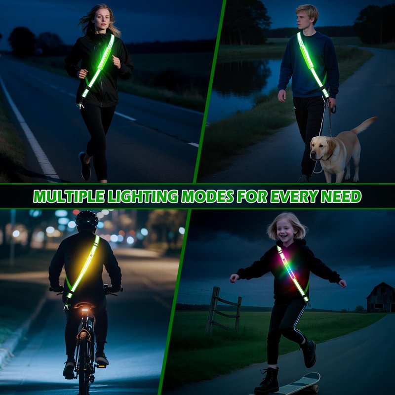 Samlior LED Reflective Belt Sash, Rechargeable LED Light Night Safety Walking Gear, High Visibility Adjustable Reflective Gear for Runners Walkers Cyclists at Night (Green)
