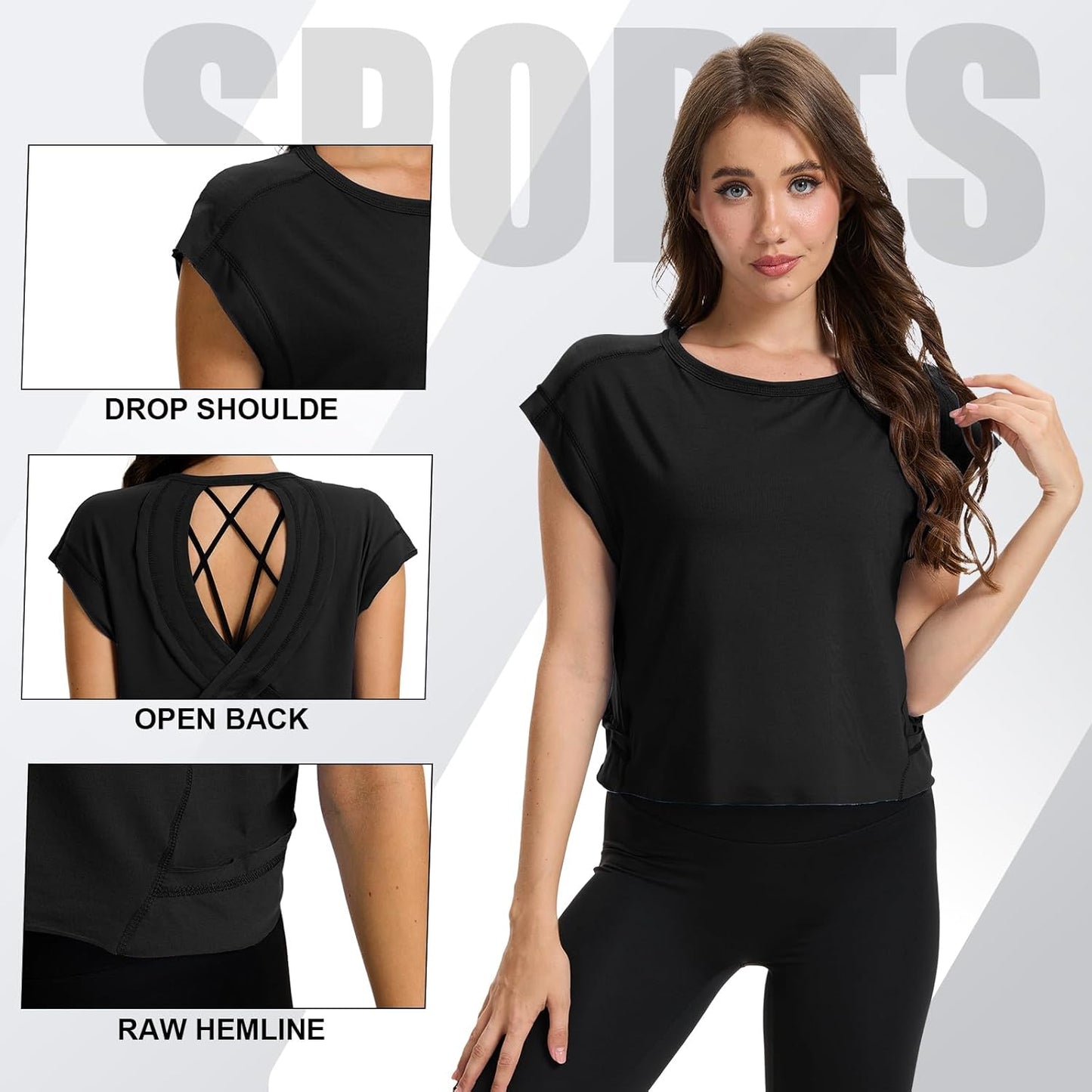 2 Pack Women's Open Back Workout Tops Short Sleeve Backless Athletic Shirts Loose Fit Crop Tops Running Gym Yoga Tee