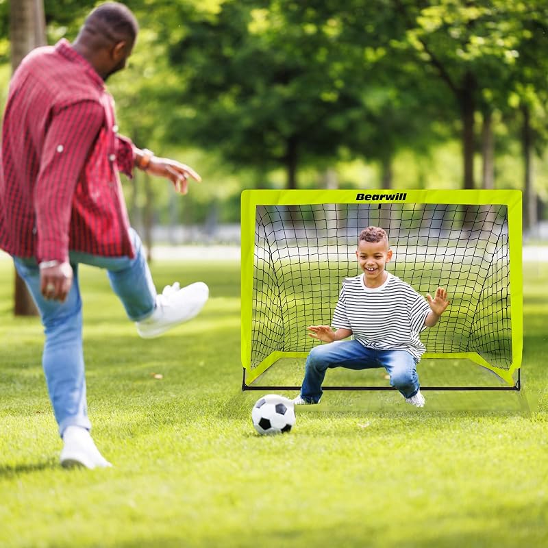 Bearwill Fluorescent Green 4x3ft Kids Soccer Goal Set of 2 – Foldable Backyard Goals