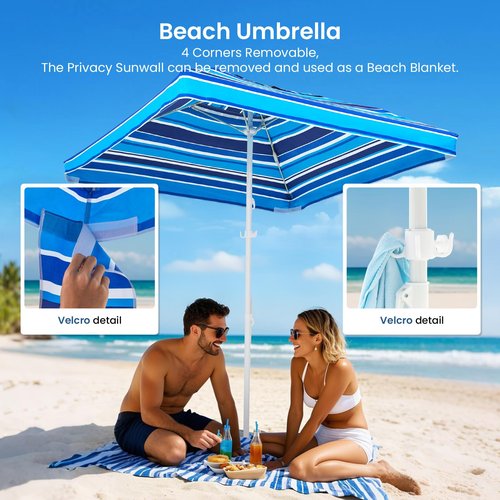 Grandekor Upgraded 6'×6' Pop Up Beach Canopy Tent for Family & Kids UPF 50+ Sun Shelter for Pool Camping with Sand Anchor Sidewall Dark Light Blue White Stripe