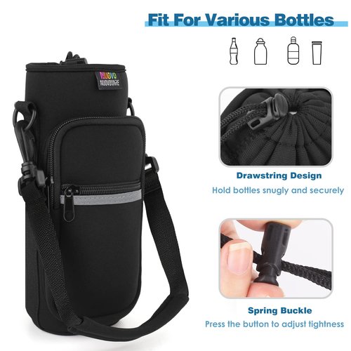 Nuovoware Water Bottle Carrier Bag, 25oz/32oz Bottle Pouch Holder, Adjustable Shoulder Hand Strap 2 Pocket Sling Neoprene Sleeve Sports Accessories for Hiking Travelling Camping, Black