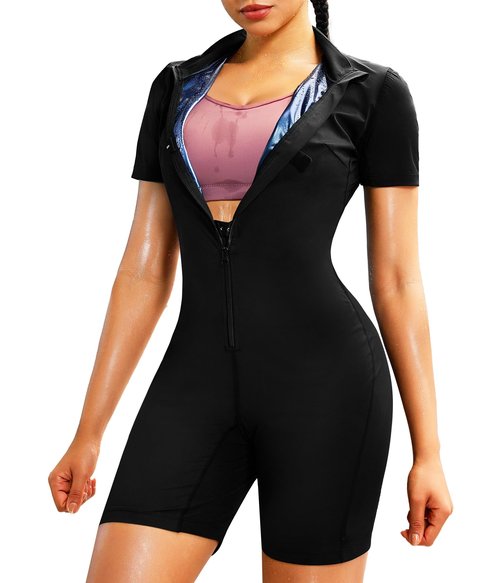 Junlan Sauna Suit for Women Full Body Jumpsuit Waist Trainers for Women Belly Fat Workout Sweat Suit(Black,Large)