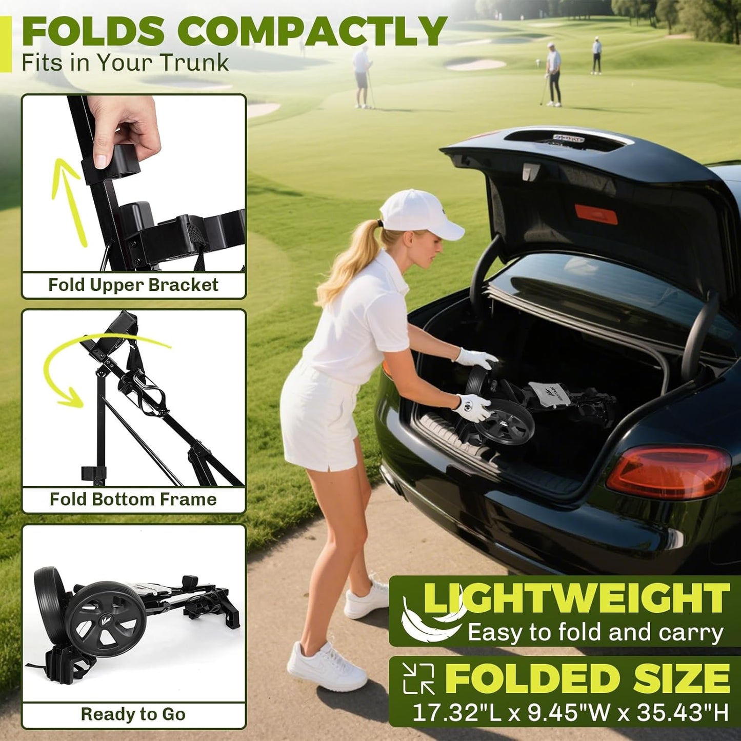 2-Wheel Golf Pull Cart – Lightweight Foldable Golf Push Cart with Durable Steel Frame, Adjustable Web Straps, Compact Design for Walking Golfers