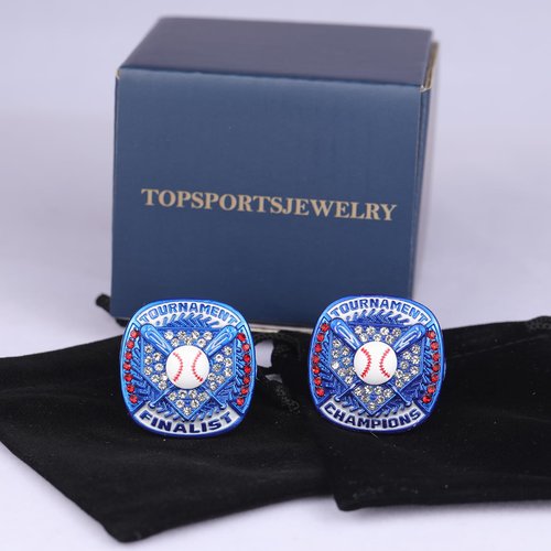 TOPSPORTSJEWELRY 2 pcs, 12 pcs Pack Baseball Tournament Blue Championship Ring Trophy on Side Size 9 (12, Finalist Ring)