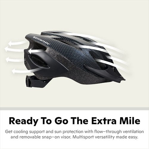 Schwinn Thrasher Helmet for Adults, Black, Size 58 - 62 cm, for Riders Ages 14+, Lightweight Microshell, Adjustable Dial and Straps, Interior Padding, 20 Air Vents, Removable Visor, Adult Bike Helmet
