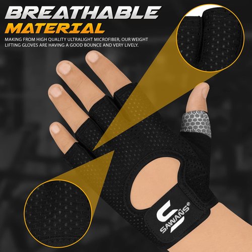 SAWANS Workout Gloves for Men and Women Weight Lifting Gloves Gym Fitness Exercise Cycling Pull ups Microfiber Lightweight Breathable Non-Slip Silicone Padded Palm Grip (Black, Medium)