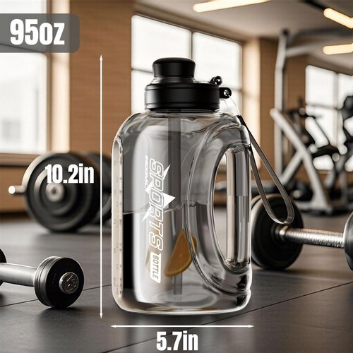 Lizhluzh Large Water Bottle with Measurements, 95 OZ/ 2.8 L Gym Water Bottle with Straw, Gallon Water Jug Bottle with Handle & Portable Strap for Gym, Outdoor Sports