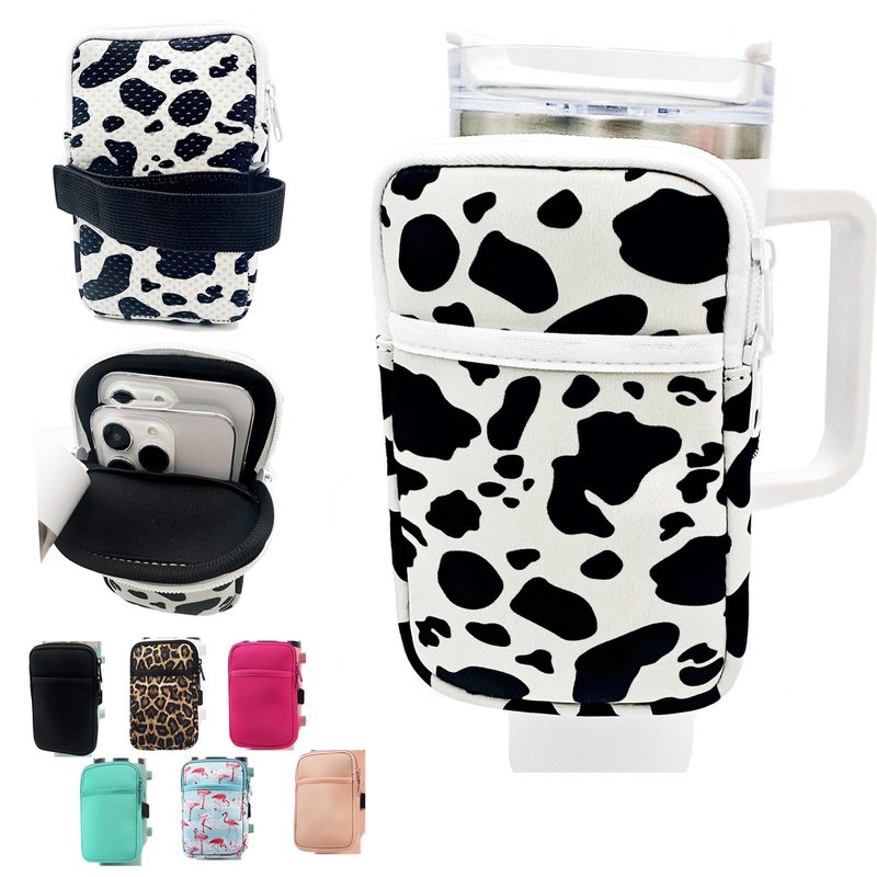 LMYUHONG Water Bottle Pouch For Stanley cup accessories 30/40oz with Versatile Phone Pocket, Arm Bag Non-slip waterproof Sports carrying bag Water Bottle Phone Holder for Gym- Cow print