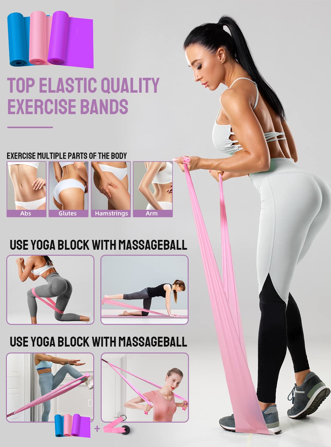 1/3 Pink Yoga Mat Thick, Yoga Set for Beginners Include High Density Pink Yoga Mat with Multi-loops Strap, Blocks, Booty Resistance Band Set, Door Anchor, Carring Strap