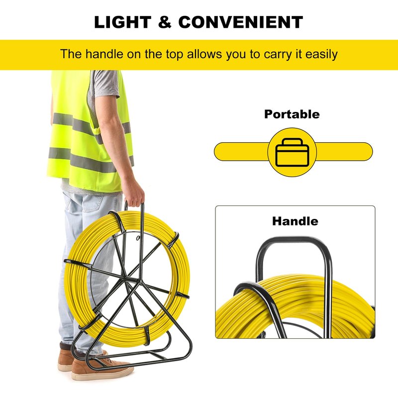 Non-Conductive Fiberglass Fish Tape Duct Rodder, 6mm x 200m (656ft) with Steel Reel Stand, Professional Cable Puller for Electrical Conduit and Wall Installation