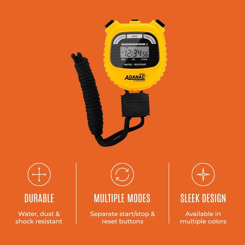 Marathon Adanac 3000 Digital Stopwatch Timer, Yellow - High Precision Accuracy to 1/100th Seconds - Water, Dust & Shock Resistant - 46” Lanyard Included