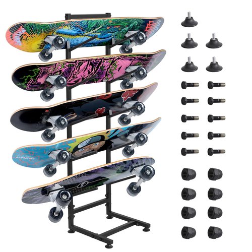 Skateboard Racks Floor Stand, 5-Tiers Freestanding Water Ski Rack Wakeboard Rack, Standing Skateboard Display Stand, Single Sided Floor Skateboard Organizer Rack