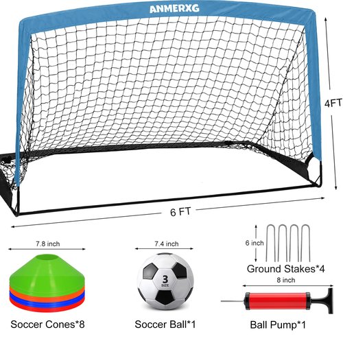 ANMERXG 6x4FT Kids Soccer Goals for Backyard, 6'x4' Portable Soccer Goal with Ball and Cones Soccer Net Set Training Equipment (6x4FT, Blue, 1 Set)