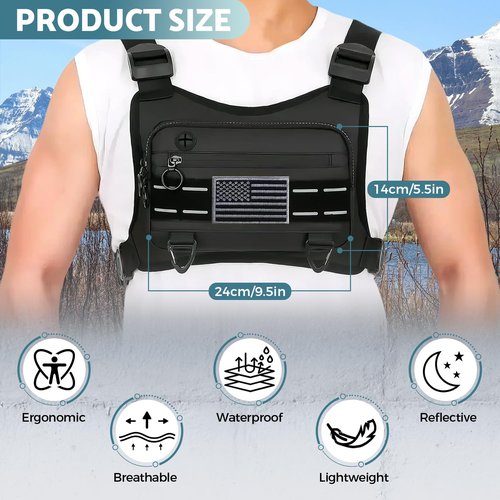 Muserise Sports Chest Bag For Men, Water Resistant Lightweight Front Running Vest Bag With Built-In Phone Holder & Extra Storage For Workouts, Cycling (Black)