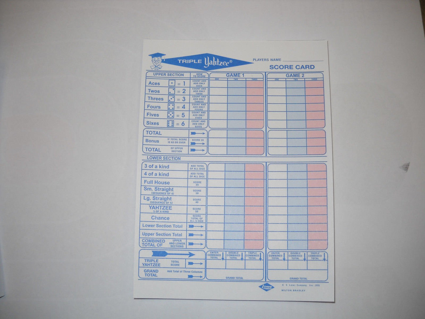 250 Triple Yahtzee Score Sheet Pad Card