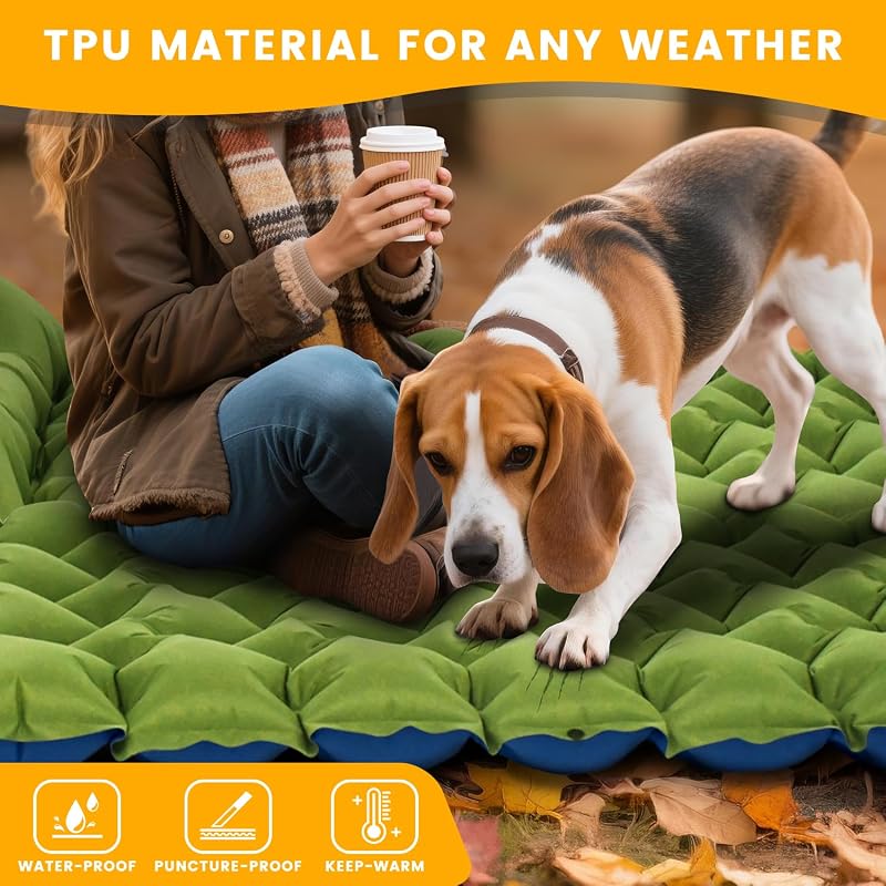 Ultralight 4in Camping Sleeping Pad with Pillow & Foot Pump — Green+Blue