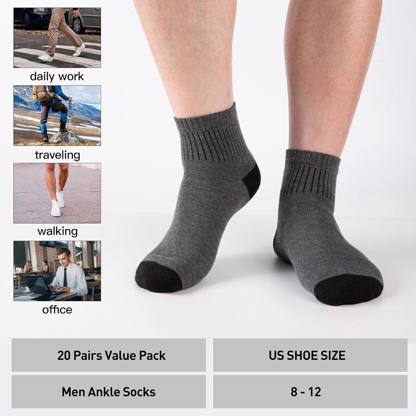20 Pack 3 Styles Men's/Women's Mini Crew Ankle Socks Quarter Bulk - Breathable Thin Athletic Socks, Fits Shoe Size 8-11