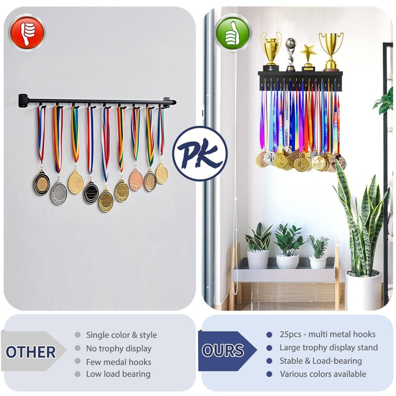 DSVENROLY Medal Holder Display Trophy Shelf Organizer, Sturdy Wooden Race Award Hanger Rack with 25 Steel Hooks, Wall Mount Storage Stand for Sports Fans, Cheer Success, Black