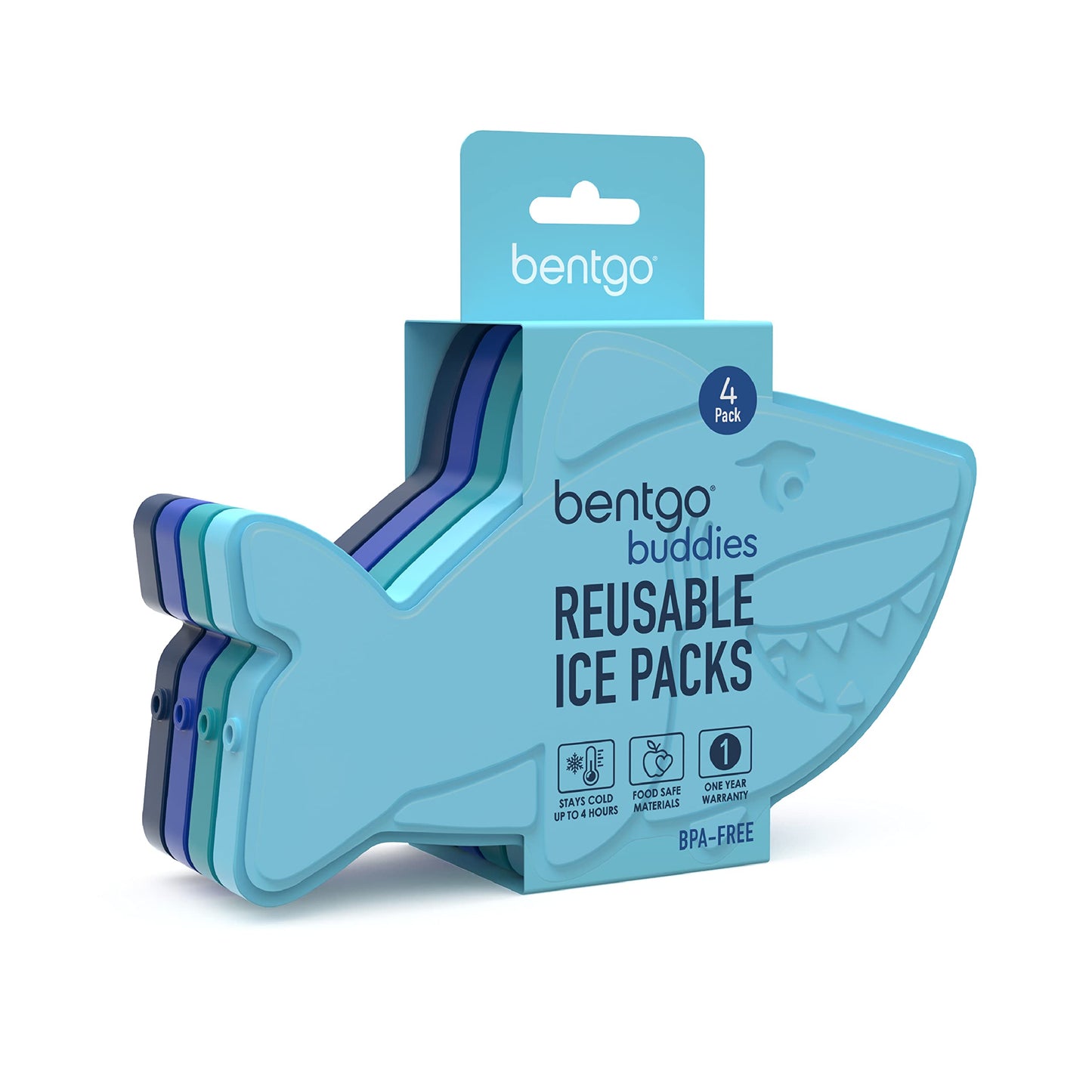 Bentgo Buddies Reusable Ice Packs: Slim Design for Lunch Boxes, Lunch Bags, and Coolers, Quick Freeze, PFAS- and BPA-Free, Multicolored 4-Pack (Shark)