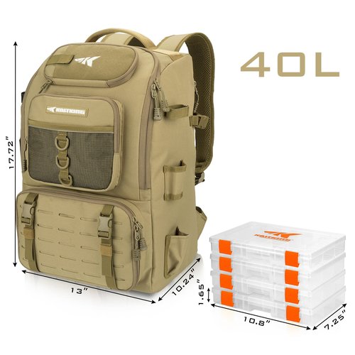 KastKing Karryall Fishing Tackle Backpack with Rod Holders 4 Tackle Boxes,40L Fishing Bag Storage Fishing Gear and Equipment