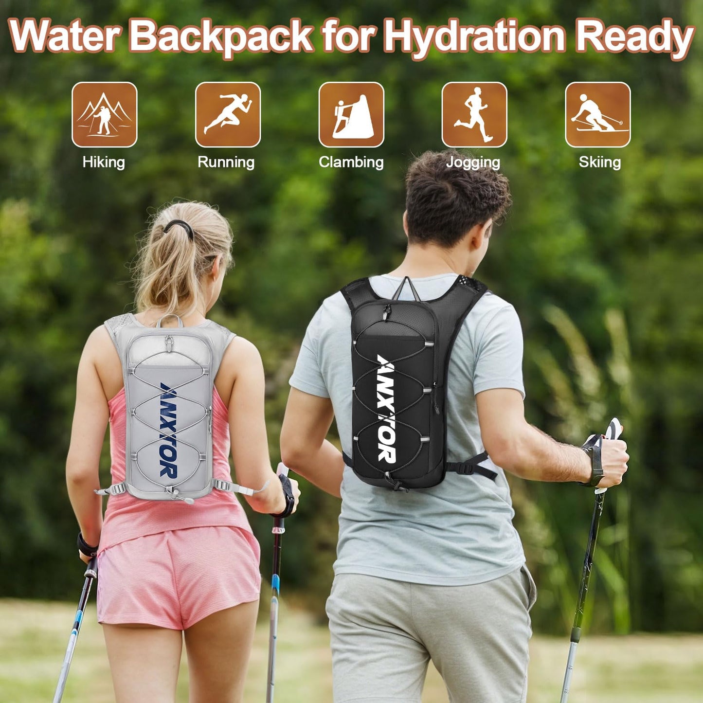 Hydration Backpack with 2L Water Bladder, Adjustable Chest Straps Running Hydration Vest Lightweight Daypack Reflective Pack for Women Men Hiking Trail Running Climbing Biking Cycling Marathon, Black