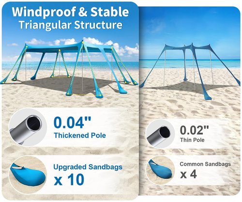 Beach Tent Sun Shelter, Outdoor Pop Up Shade Canopy UPF50+ Protection with 10 Sandbags 4 Stability Poles for Camping, Fishing, Backyard Fun (10×10 FT 4 Pole)