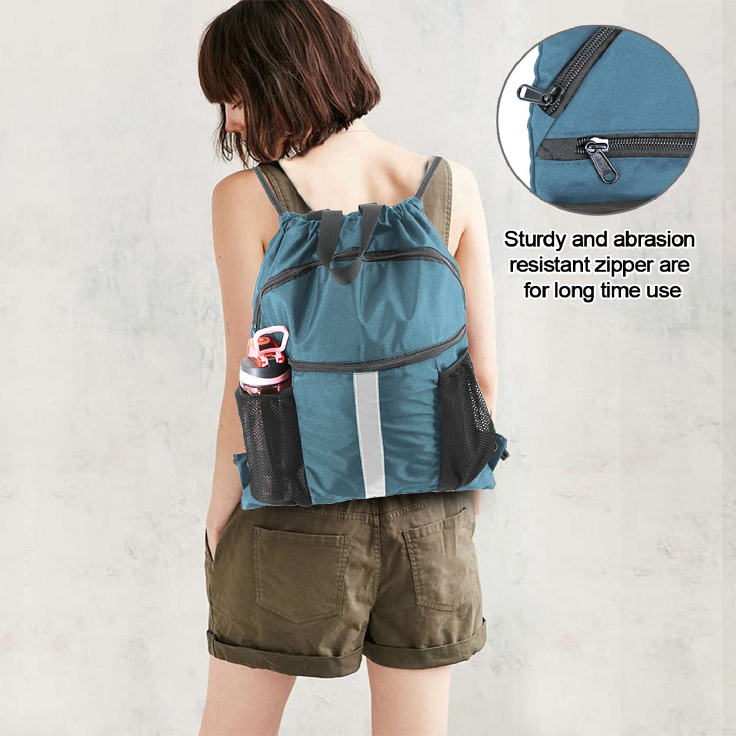 BeeGreen Workout Backpack with Shoe Compartment - Large Sackpack String Bag with Zipper Pockets and Water Bottle Pockets - Sports Yoga Cinch Bag for Gym - Haze Blue