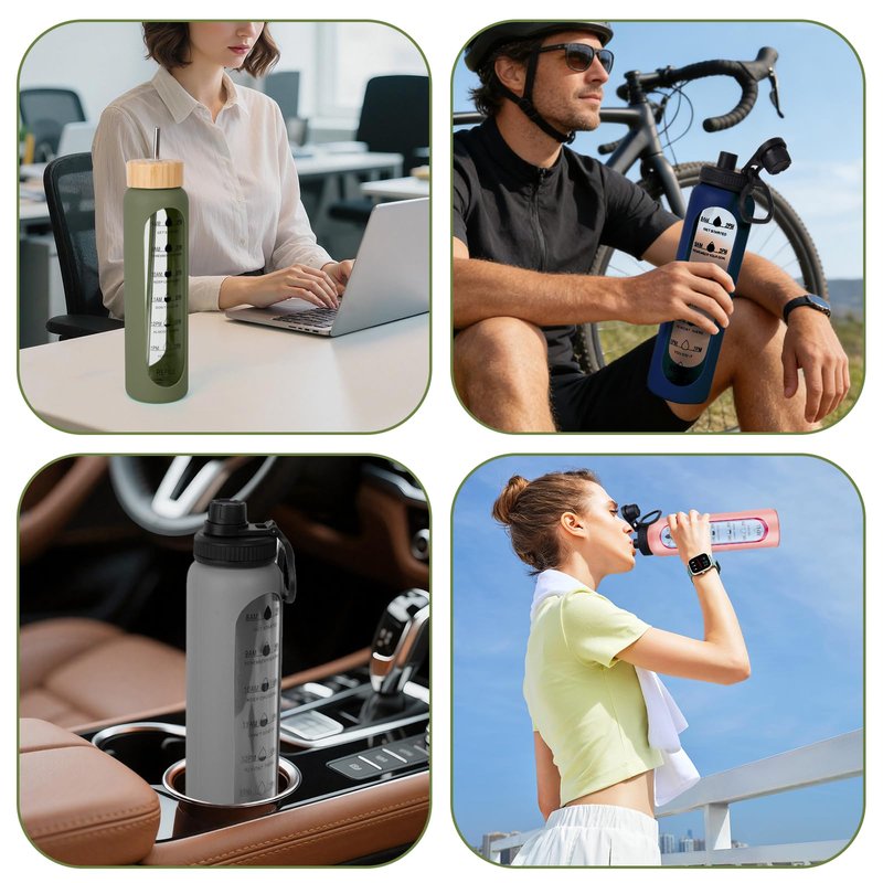 Sinekequnsun 32oz Glass Water Bottle with Time Marker, 2 Lids-Handle Spout Lid & Bamboo Straw Lid, 1 Liter Motivational Borosilicate Water Bottle for Gym, Office, Travel (Gray)