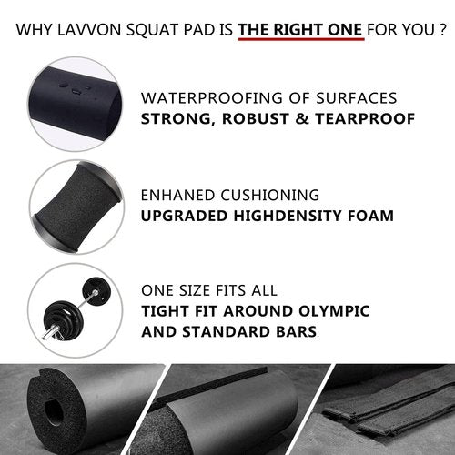 Squat Pad - Foam Barbell Pad for Squats Cushion, Lunges & Bar Padding for Hip Thrusts - Standard Weight Bar Pad - Provides Cushion to Neck and Shoulders While Training (Black)