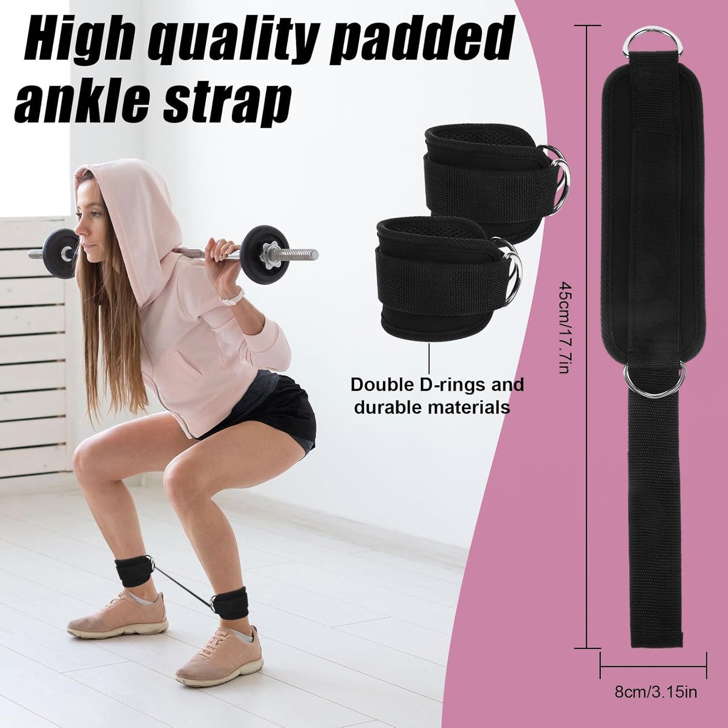 2 Pcs Ankle Strap for Cable Machines Women,Workout Gym Ankle Strap for Cable Machine,Ankles Resistance Bands with Cuffs for Working Out,Glute Bands,Booty Hip Abductors Exercise(Black)