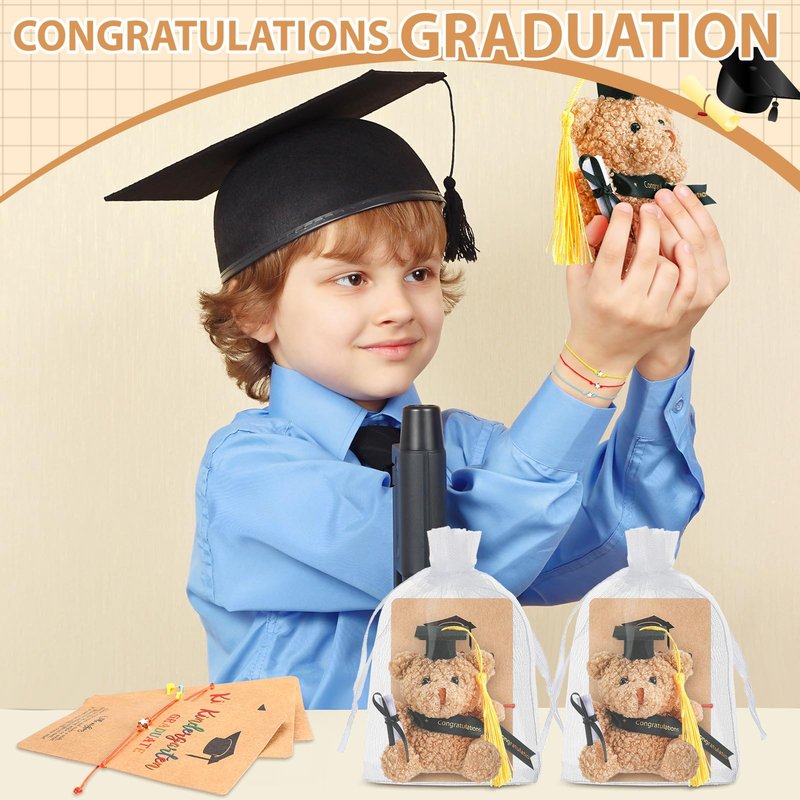 Motionchic 50 Pcs 2026 Kindergarten Graduation Bear Bulk Set with 25 Graduation Gift Mini Stuffed Bears 25 Wish Bracelet Organza Bag Card for Kid Child Kindergarten Class of 2026 Party Favors(Black)